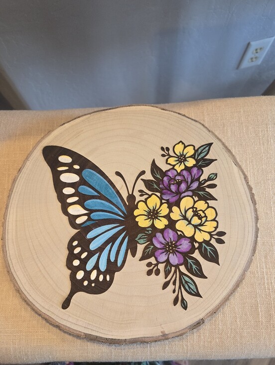 Other - 10 Inch Round Lasered, Hand-Painted Blue Butterfly Floral Wall Decor by